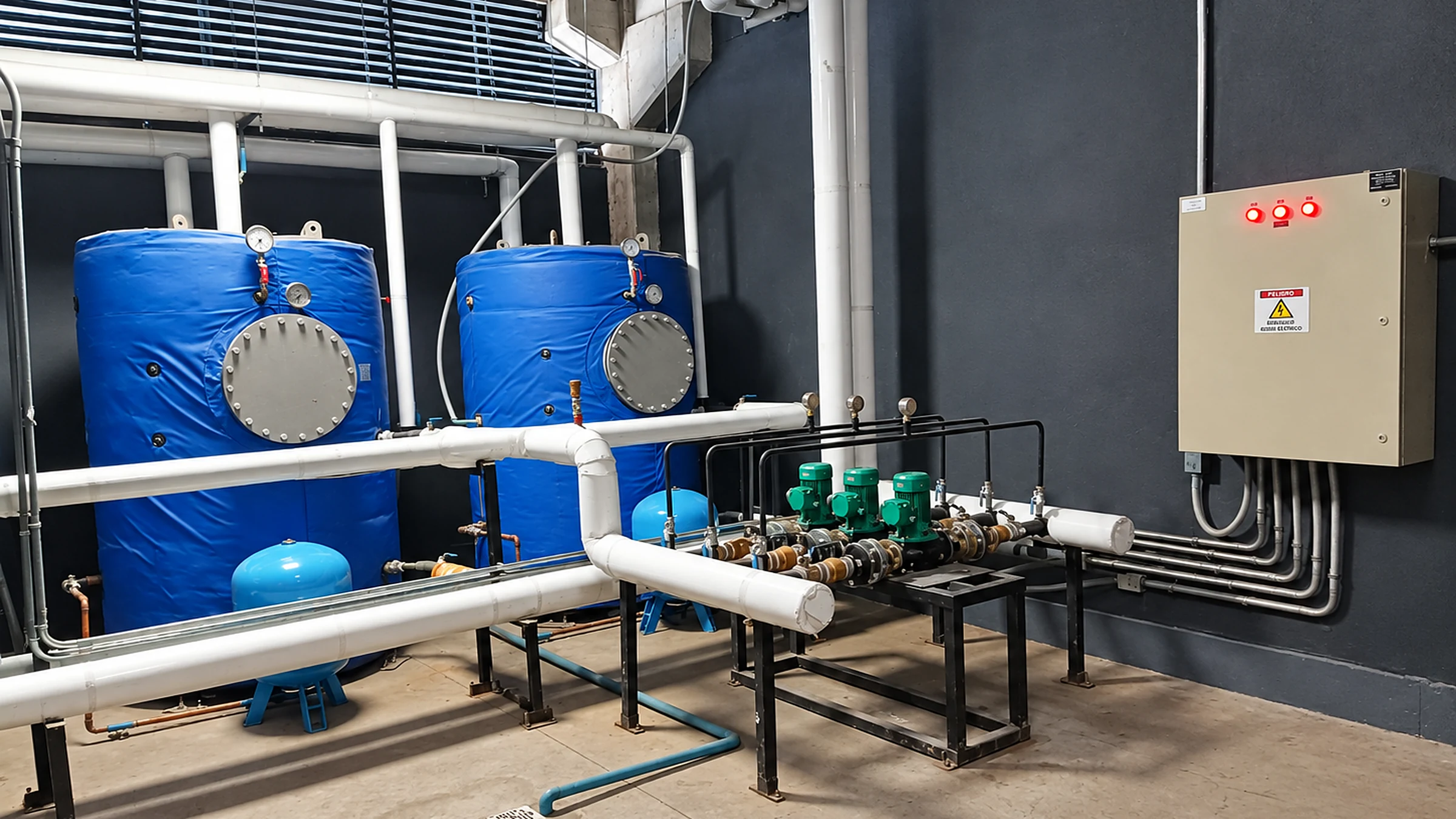 Sala de acumulación de agua caliente sanitaria mantenida por Emergia