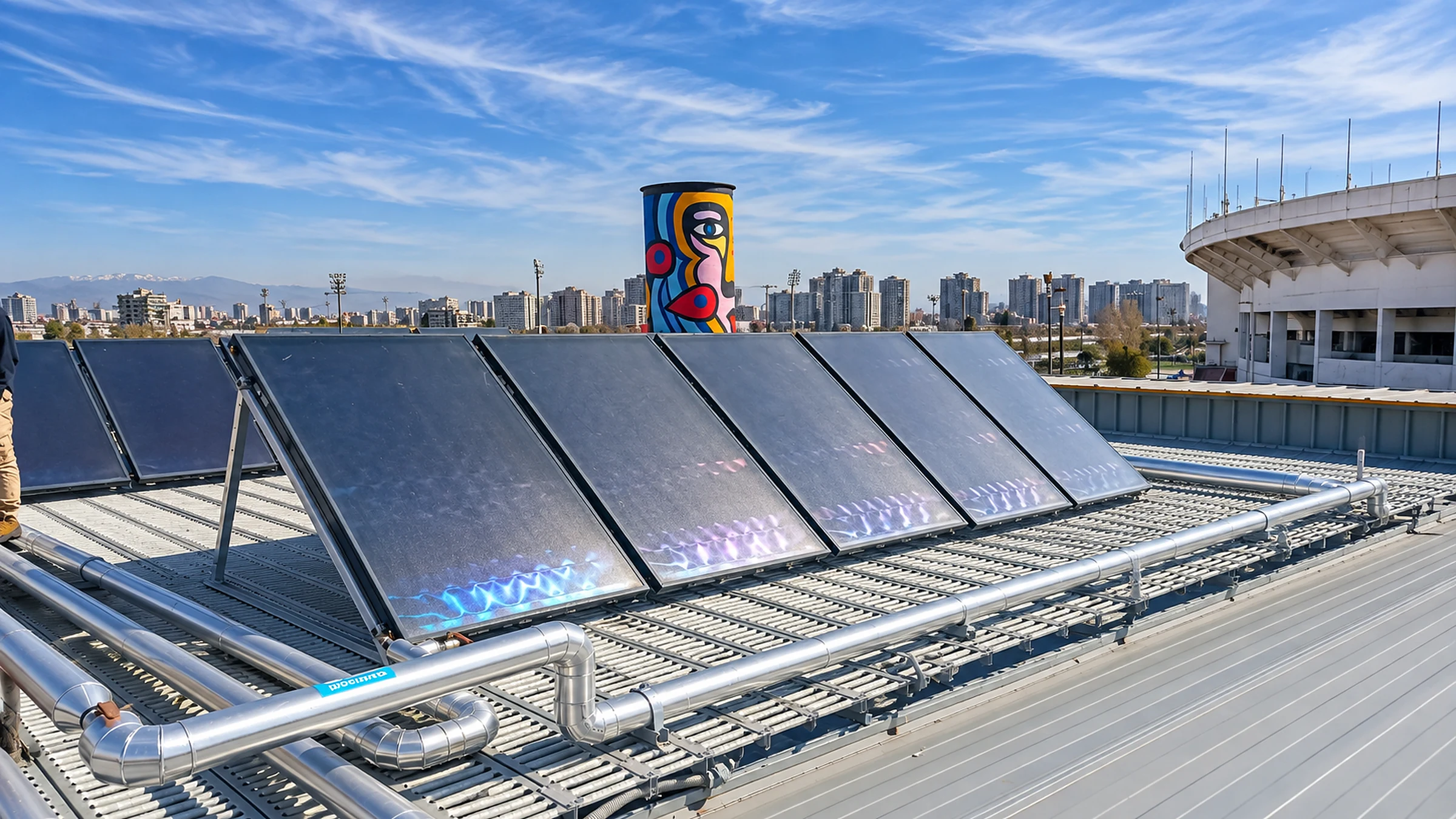 Colectores solares térmicos instalados por Emergia en la cubierta del Estadio Nacional